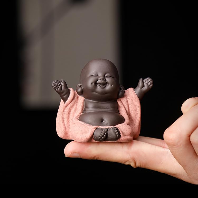 Hand-Made Purple Clay Laughing Buddha Tea Pet,Baby Buddha Sculpture for Home Office Car Feng Shui Décor and Thoughtful Zen Ornamnt Gifting