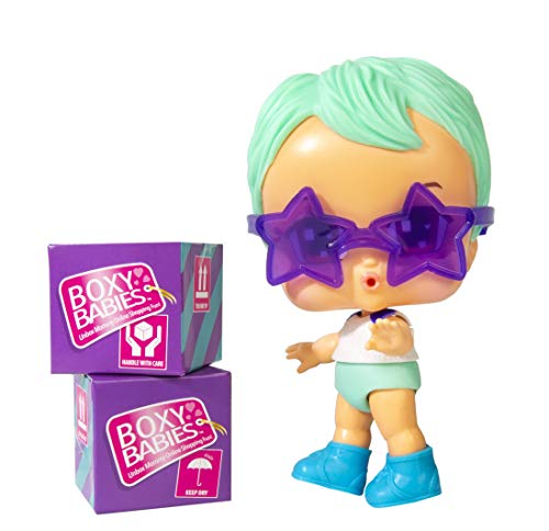 Boxy Babies Season 2 Collectible Fashion Toy - Mint Green Hair Baby Boy Joey Doll with Purple Star Sunglasses Accessory - 2 Unboxing Boxes Included with Surprise Clothes and Accessories Inside