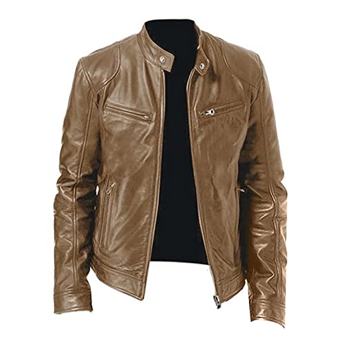 Adssdq Faux Leather Jacket, Spring Camping Long Sleeve Coats Men Novelty Oversized Zip-Up Mock Neck Jackets Fitted Softest Solid Leather Coat Man Khaki #TOP2