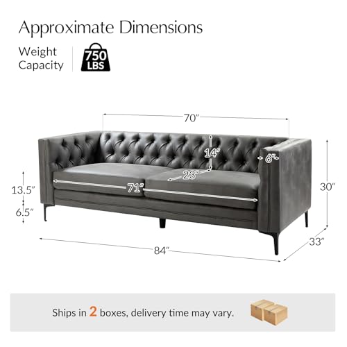 Image of HULALA HOME 84 inch W Faux Leather Sofa Couch with Metal Legs, Button-Tufted 3-Seater Sofa, Mid Century Modern Contemporary Upholstered Couch for Living Room, Entertainment Area, Apartment,Grey