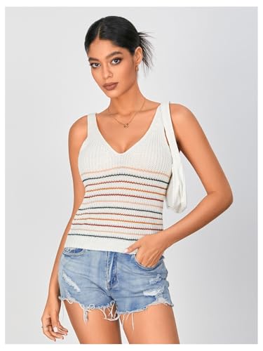 WDIRARA Women's Striped Pattern Sleeveless Knit Top V Neck Casual Sweater Vest3