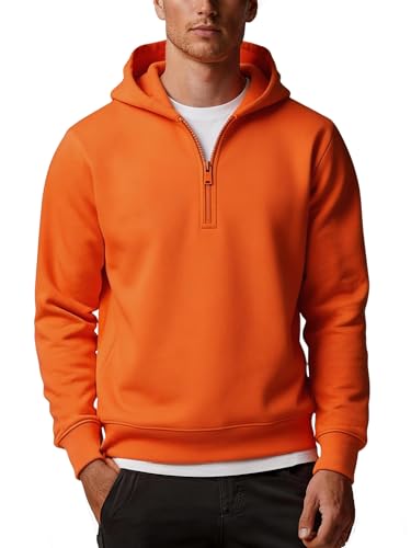 TUVEKE Orange Mens Quarter Zip Hoodies Pullover Hoodie Seam Pocket Half Zip Long Sleeve Casual Fleece Hooded Sweatshirt for Men S