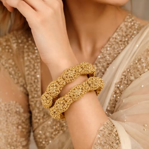 Image of ACCESSHER Gold Plated Traditional and Ethnic Jewellery Inspired Antique Finish Screw Closure Statement Kada /Bangles /Festive Bangles Set of 2 for Women | Ideal Gift for Karwa Chauth