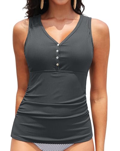 Image of Tankini Tops for Women Tummy Control Swimwear Top Only No Bottom | Scoop Neck, Adjustable Straps, Ruched Stomach, Removable Cups, Available in Plus, No Bottom, Full Lining