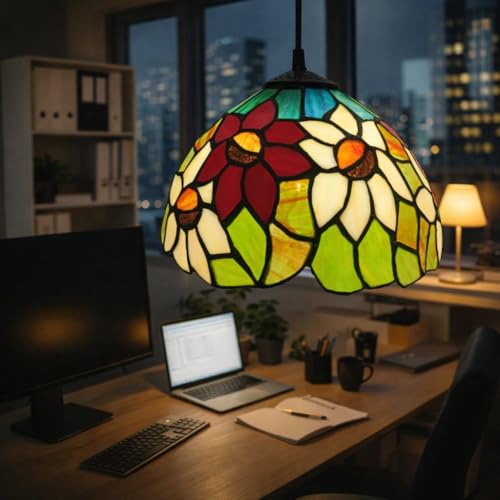 Image of Delight Creations Stained Glass Table Lamp, Multicolor Glass Shade, Bronze Base (Free Bulb) (Design - 13)