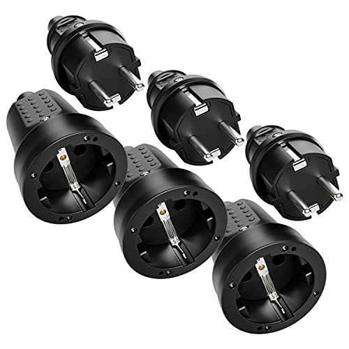 greate 3x Schuko Stecker Kupplung 230V Aussenbereich - Gummistecker Kupplung Set mit Knickschutz, 2-polig, 230V, 16A & 3,7kW - IP44 Stecker und Kupplung 230V schwarz f&uuml;r Au&szlig;enbereich - Schukostecker