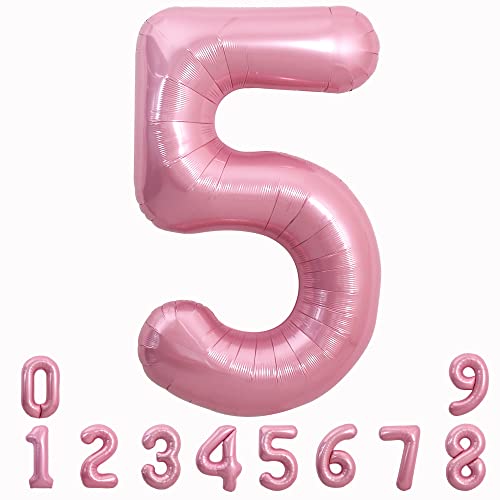 Image of TONIFUL 40 Inch Light Pink Large Numbers 0-9, Number 5 Digital Helium Balloon, Pink Foil Mylar Big Number Pastel for Birthday Party Anniversary Supplies Decorations