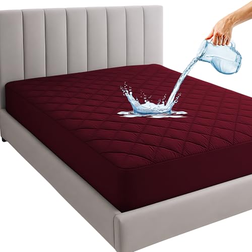 Image of Mattress Protector King Size | Hotel-Like Quality Luxury Waterproof Cotton Quilted Bed Protector | Soft Plush Feel Breathable Hypoallergenic Noiseless Elastic Fitted Bed Cover | 6x6 Ft-72x72in, Maroon