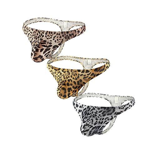 Men's U Convex Pouch Low Waist Leopard G-String Thongs Underwear T-Back Thong Briefs Undies