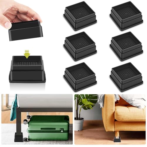 Yookwutar 6 Pack Furniture Risers 1 Inch, Adjustable Bed Risers Heavy Duty for Table Desk Couch Chair Sofa Cabinet Bed Frame Dorm, Square Stackable Table Leg Risers Lift Height 1", 2" or 3", Black