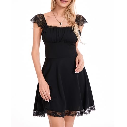 Image of Womens Graduation Party Mini Dress Cute Square Neck Lace Straps White Fairy Short Dress