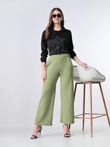 Image of Women's High Waist Straight Fit Trousers,Solid Korean Stretchable Pants for Women, Regular Fit Elastic Waist Full Length Formal Trouser,Casual,Office Wear