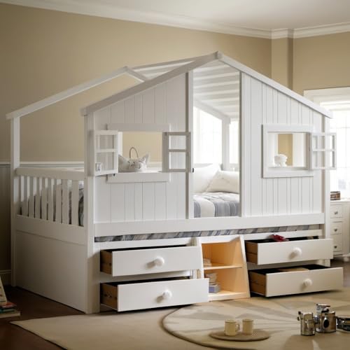 PVWIIK Full Size Loft Bed with Storage Drawers & Roof,Kids House Bed Frame with Windows & Safety Guardrails for Kids,Girls,Boys,White