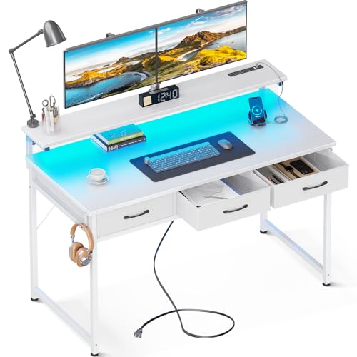 48 Inch Computer Desk with 3 Drawers, USB Outlets, LED Lights, and Adjustable Monitor Stand for Home Office - White