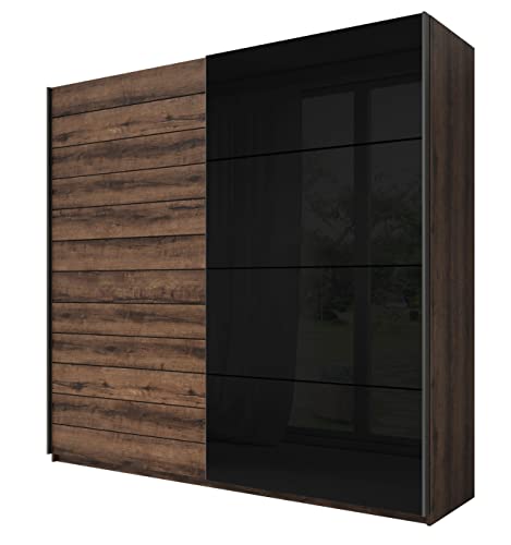 Preisvergleich Produktbild Furniture24 Schwebetürenschrank Galaxy Kleiderschrank Schiebetürenschrank Schlafzimmer Kleidestange Einelgeboden Schiebetür (200 cm breit, Monastery Eiche / Schwarz Glas)