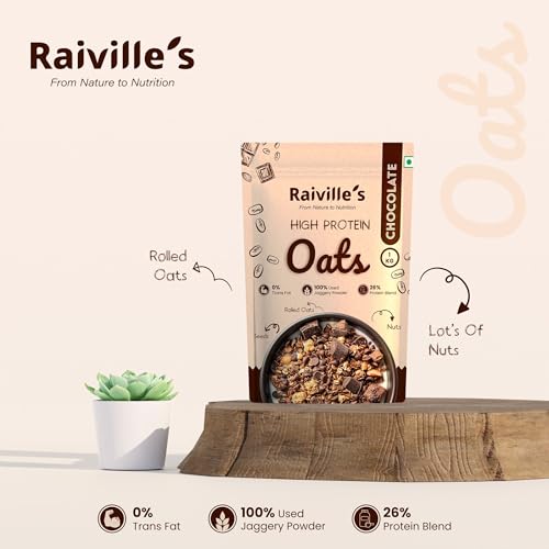 Image of Raiville's High Protein Chocolate Oats 1 Kg | 25g Protein Per Serving | Oats with Whey, Soy Protein, Dry Fruits, Nuts & Seeds | Healthy Breakfast Cereal for Gym, Fitness & Daily Nutrition