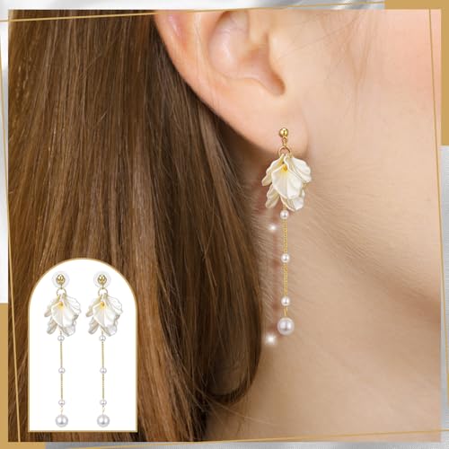 Nosiny 6 Pairs Pearl Dangle Flower Earrings for Women Gold Long Pearl Petal Tassel Drop Earring Trendy Chain Dangle for Wedding Bridal Jewelry Gifts4