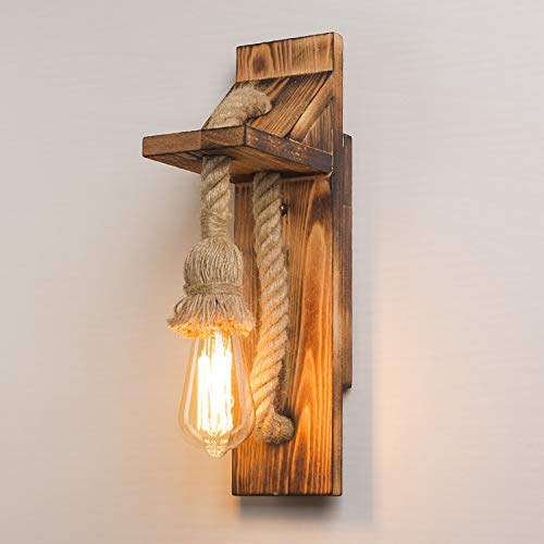 LMAMZ Applique Murale Vintage Corde de Chanvre, Lampe Décorative Industriel En Bois E27 Support de Lampe Rétro Lampes Murales en Métal pour Chambre Escalier Couloir Restaurant Cover