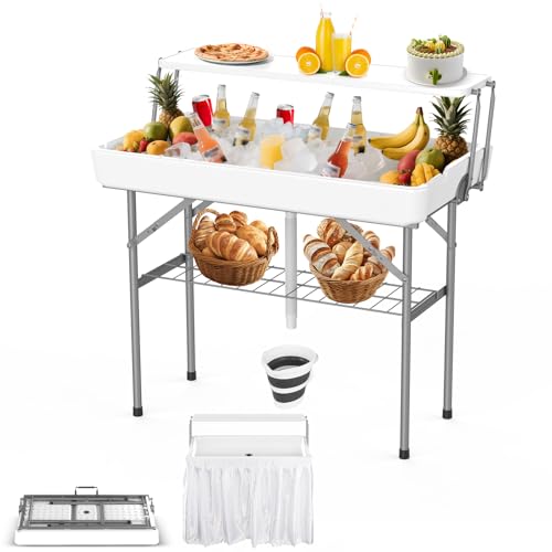 HLPB 4 FT Party Ice Cooler Folding Table with Folding Board Outdoor ice Table with Skirt & Drain & Folded Buckets & Barbed Wire Portable Foldable Bar Table for Party BBQ Camping Picnic White