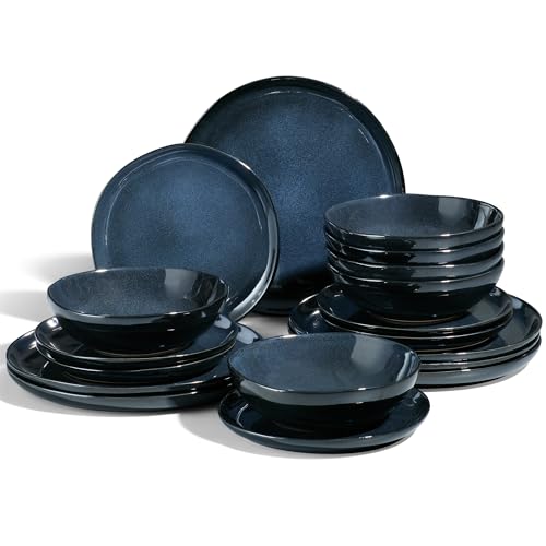 Image of Joyfair Dinner Set, 18 Pieces Stoneware Dinnerware Set Service for 6, Reactive Glaze Irregular Shape Plates and Bowls, Chip & Scratch Resistant, Microwave & Dishwasher Safe, Nebulas Blue