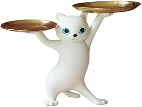 KryZaro 皿を捧げる猫ちゃん収納トレイ グレー 金属&樹脂製 キー収納・小物置き 玄関/化粧卓用 鍵置き・口紅スタンド・コイン皿 卓上置物装飾