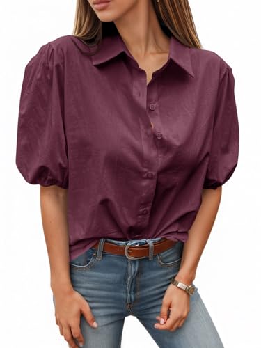 Image of Tankaneo Women's Button Down Shirts Short Puff Sleeve Collared Dressy Casual Blouse Tops