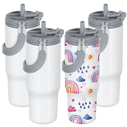 4 Pack 30oz Sublimation Tumbler with Handle, Sublimation Flip Straw Tumbler with Portable 2-in-1 Lid, Stainless Steel Insulated Water Bottle, Leak Proof Travel Coffee Mug Cup for Home, Outdoor or Car