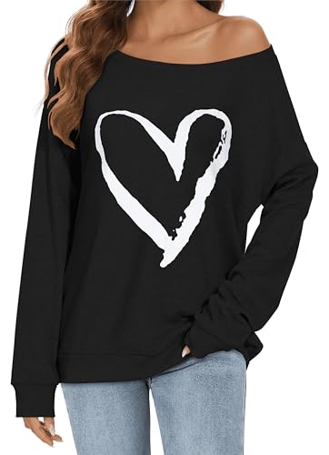 Image of florynova Womens Off Shoulder Tops Long Sleeve Sweatshirt(Black Heart,L)