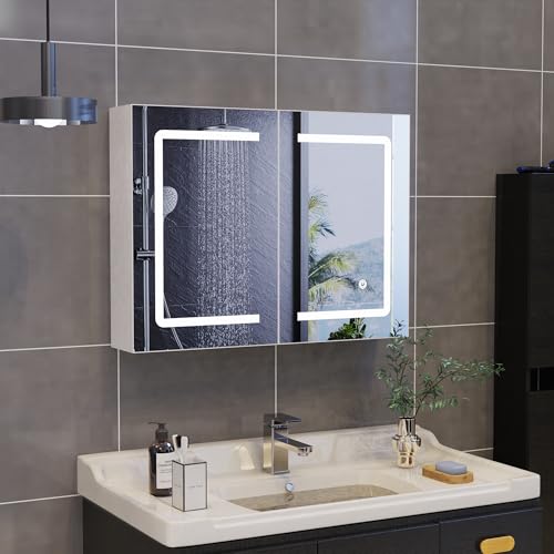 80 x 60 cm Badezimmerspiegelschrank mit Touch-Schalter, 3 Beleuchtungsmodi, doppelt beleuchteter Spiegel, modernes weißes Design, 3 Ablagen für stilvolle Badezimmer