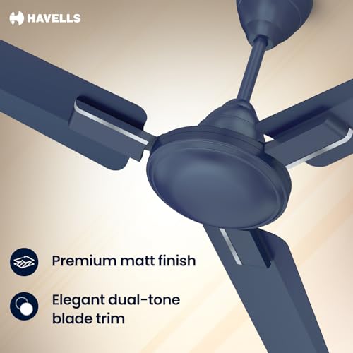 Image of Havells 1200mm Thrill Decor Energy Saving Ceiling Fan| High Speed, High Air Delivery| Strong & Powerful Motor| Air Delivery: 220 m /min| Speed: 370 RPM| 2 Year Warranty |(Pack of 1, Matt Blue)