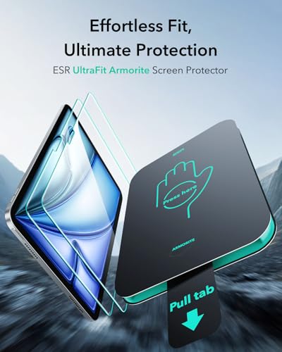 Image of ESR 2 Pack Armorite Full Screen Protector for iPad Air 11 Inch M4 /M3 /M2 (8th /7th /6th Generation, 2026 /2025 /2024), 9H Hardness Tempered Glass Screen Guard With Ultrafit Tray, Military Grade, HD Clarity