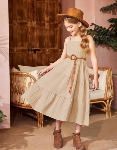 Arshiner Girl's Sundresses Summer Boho Strap Tiered Cami Maxi Dresses with Pockets2