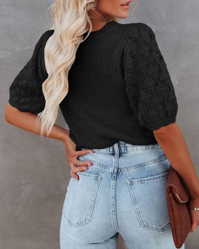 Image of Womens Short Sleeve Sweaters Crewneck Knit Pullover Tops 2025 Summer Casual Lightweight Crochet Blouse Shirt