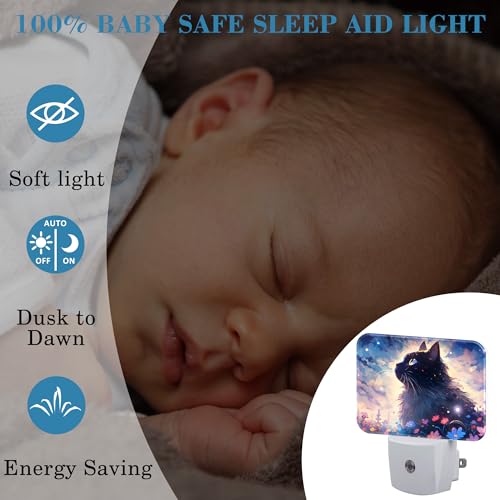 Image of Cartoon Cute Black Cat Night Light for Kids Girls Boys, Cat in The Flowers LED Night Light Plug into Wall with Dusk to Dawn Sensor for Room, Hallway, Kitchen, Bathroom, Stairs Decor