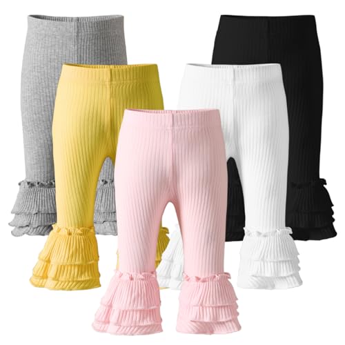 Image of Dalukit Newborn Toddler Baby Girl Pants Leggings Ribbed Straight Flare Infant Girl Pants Leggings Bell Bottoms 5 Packs