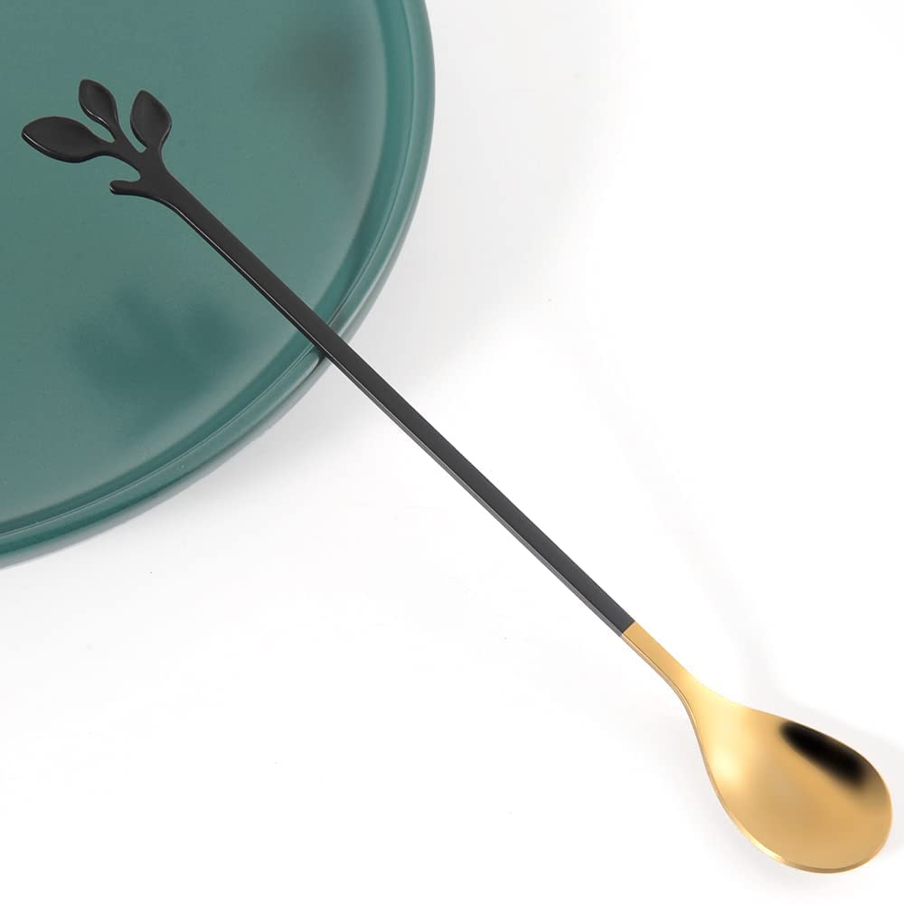 AnSaw 6 cucharillas elegantes de hoja negra y dorada con mango largo, cucharas de acero inoxidable de 7.4 pulgadas para café y té, perfectas para mezclar y remover