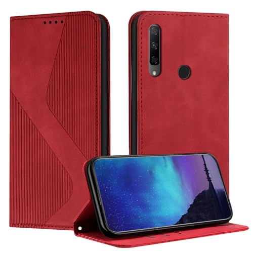 Fatcatparadise Kompatibel mit Huawei P Smart Z/Honor 9X Hülle, Handyhülle für Honor 9X Hülle PU Leder Flip Klappbare Wallet Magnet Hülle Handytasche Klapphülle Schutzhülle Tasche Hülle Holster (Rot)