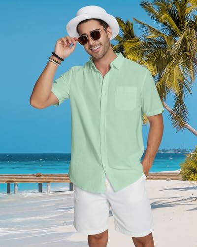 Friptspyg Leinenhemd Herren Hemd Kruzarm Baumwolle Leinen Hemden Regular Fit Freizeithemden Sommer Kurzarmhemd Casual Strandhemd mit Tasche, Mintgrün XL 3