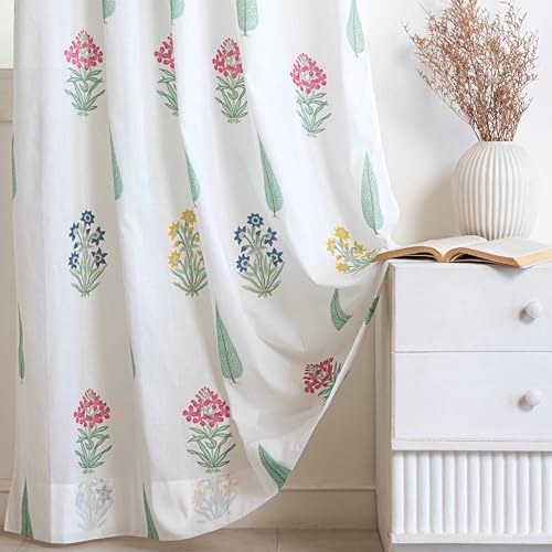 Image of Clasiko Block Print Sheer Door Curtains; 40% Light Filtering Linen Textured Curtains with Eyelets; Set of 2; 54x60 Inches / 5 Feet; Tropical Oasis