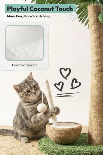 POMESEA 33" Tall Cat Scratching Post, Natural Jute Cat Scratcher for Indoor Cats,Coconut Tree & Straw Design with Hanging Toy Ball & Rest Platform,Stable Furniture Protector for Kittens & Adult Cats,M — view 4