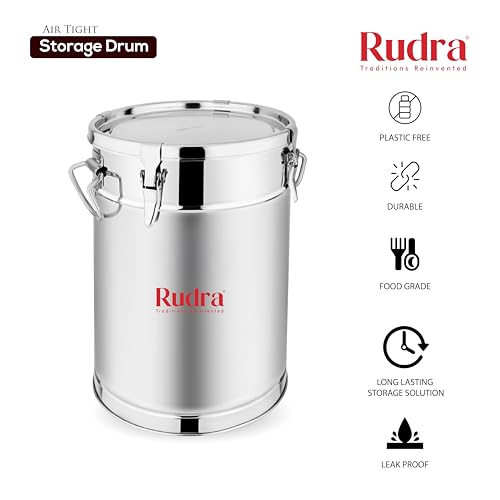 Image of Rudra Stainless Steel Air Tight Container /Drum /Box for Kitchen Storage | Kothi | Rice | Flour Atta Big Dabba With Handle | (5, Cylinder, 1, RU3014)