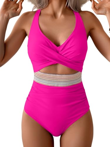 Image of B2prity Women's One Piece Swimsuit Tummy Control High Waisted Bathing Suit | Color Block,Removable Soft Cups,Cutout,V neck,Full Coverage,Adjustable Criss Cross Straps,Tie Back