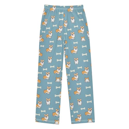 Cute Corgi and Bones Pajama Pants Lounge Sleep Pants Elastic Waist Long Pajama Bottoms with Pockets for 6-14 Years
