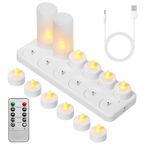 Velas de té LED recargables sin llama con estación de carga USB y control remoto, pack de 12 2
