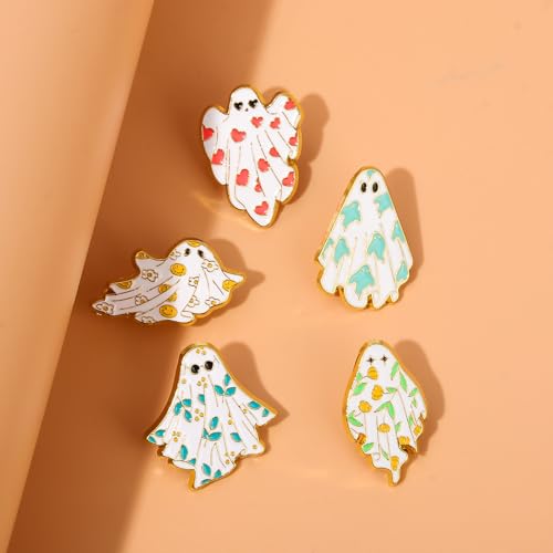 Image of 5Pcs Halloween Ghost Enamel Brooch - Pumpkin Reaper /Death's Scythe Devil Boo Lapel Pin - Cute Flower Smile Heart leaves Pattern Badges Gifts for Women Men
