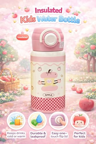 Image of Kids Stainless Steel Insulated Water Bottle with Double Lid & Dual Straw - 500ml Vacuum Flask, Portable Leak Resistant School Travel Drink Bottle for Children Pink