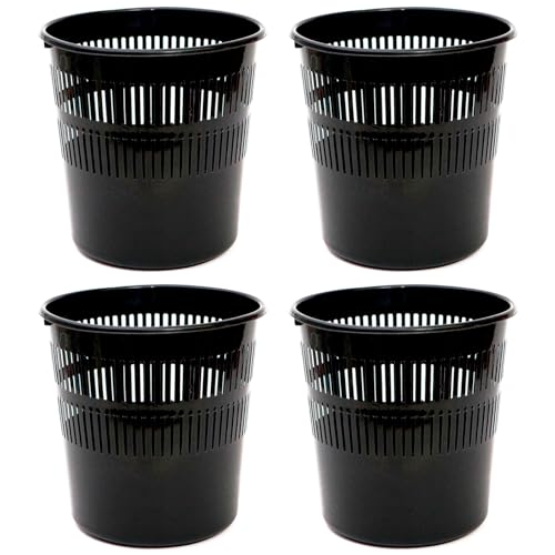 Acan Tradineur - Pack De 4 Papeleras De Plástico Con Rejilla - Cubo Para Basura - Ligera Y Resistente - Fabricada En España - Ø 27,5 X 28 Cm - Color Negro