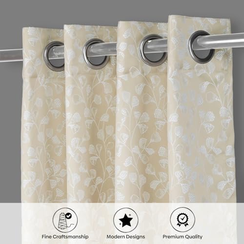 Image of haus & kinder Printed Jacquard Window Curtains 5 Feet Long Pack of 2 Window Curtains, 5 Feet Curtains for Window (Gingko Serenity, Sand Nature 130x152 CM)