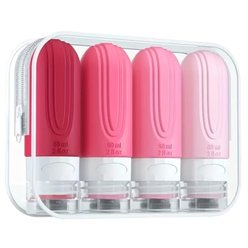 4 Botes para gel y champu con neceser, botes viaje rellenables 100ml, neceser viaje avion y botes champu viaje de silicona prueba de fugas, Envases Viaje para Champú, Loción, Cosméticos color rosa