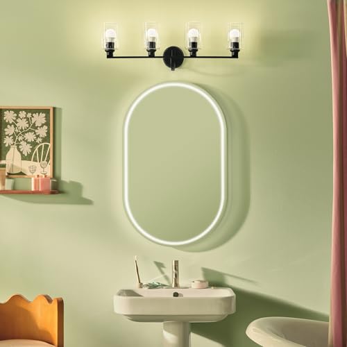 Image of Kichler Gioe 4-Light Bathroom Vanity Light Fixture with Clear Fluted Glass in Black, Modern Wall Mount Over Mirror Lighting for Powder Room (32.25 x 10.5 x 6.75 in), 55227BKFLU